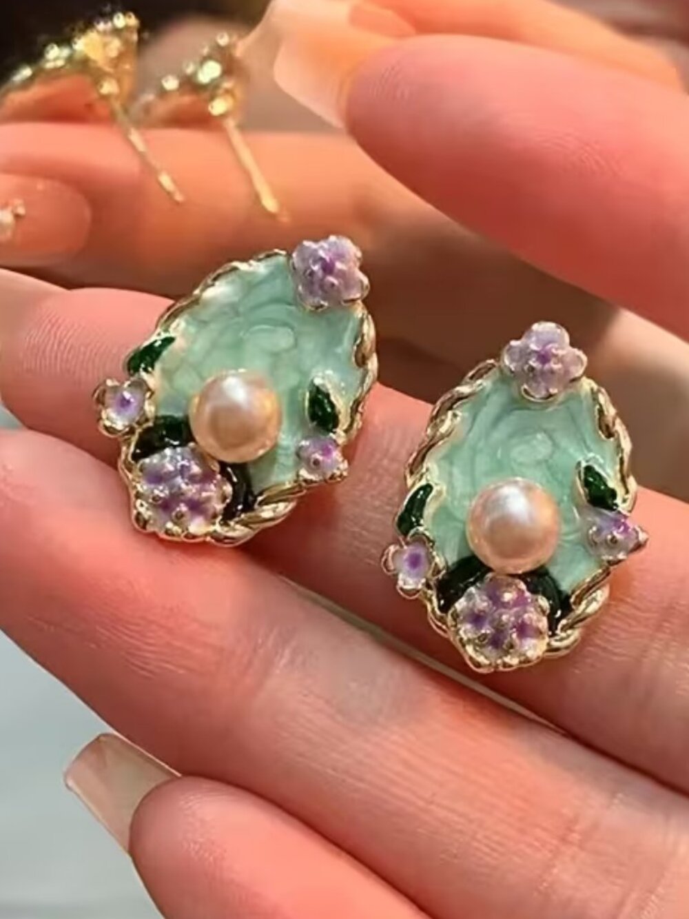 NEW enamel pearl "Monet Garden" stud earrings goldtone